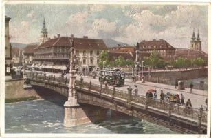Graz, Brücke / bridge with tram. Hans Hausner Künstlerkarte Nr. 7012/20. (EK)