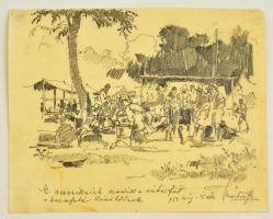 Márton Ferenc (1884-1940): 1933 Jamboree: Az amerikaiak szedik a sátorfát s hazafelé készülődnek. Ceruza, papír, jelzett, foltos,, 20×25 cm