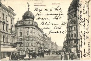 Budapest VIII. Rákóczi út (Blaha Lujza tér), villamosok, drogéria, Dr. Bonyhárd M. fogorvos (EK)