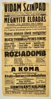 1936 Vidám Színpad megnyitó előadás műsoros plakát, fellépnek: Bilicsi Tivadar, Pethes Ferenc, viseltes állapotban, 62x31 cm