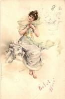 Hiver / Winter lady, art postcard, A. Sockl Serie III. No. 20. litho (gluemark)
