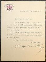 1940 Színyei Merse jenő vallási és közoktatásügyi miniszter, a képviselőház alelnökének aláírása levélen
