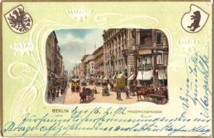 Berlin, Friedrichstrasse / street view, shops, coat of arms. Georg Kaminsky Emb. floral Art Nouveau litho (EK)