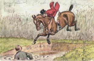 Jockey hops with horse into a puddle. Raphael Tuck & Sons Oilette Postcard 148. (EK)