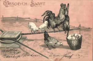 Wesolych Swiat! / Polish Christmas greeting card, rooster, rabbit and chickens, Emb. litho (EK)