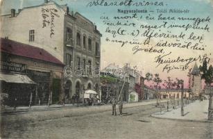 Nagyszalonta, Salonta; Toldi Miklós tér, Schillinger Ferenc, Központi szálloda, Szalontai Lapok politikai napilap hivatala, Edison Mozgó, gyógyszertár / square, shops hotel, newspaper office, cinema, pharmacy (Rb)