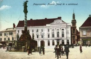 Nagyszombat, Trnava, Tyrnau; Ferenc József tér, színház, Szentháromság szobor, Bauer Károly és Smekal és fia üzlete / square, theatre, monument, shops