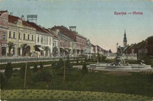 Eperjes, Presov; Fő utca, üzletek, Neptun szökőkút / main street, shops, fountain