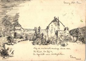 1903 Pozsony, Pressburg, Bratislava; vár, saját kézzel rajzolt lap / castle, hand-drawn art postcard