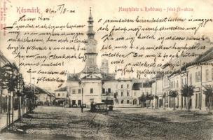 Késmárk, Kezmarok; Fő tér, Felső Fő utca, városháza, üzletek / main street with town hall, shops