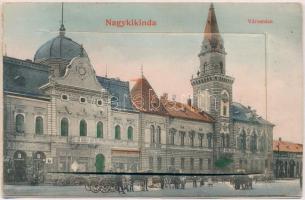 Nagykikinda, Kikinda; Városháza, utca, Angner A., Pentz Miklós és Pentz Péter üzlete. Leporellolap Krausz Miksa üzletével / town hall, street view with shops. leporellocard