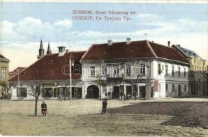 Zombor, Sombor; Szent Háromság tér, jaits Novak és Tápay Ágoston üzlete / square with shops