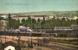 Fiume, I. R. Accademia di Marina / maritime academy, railway station with trains