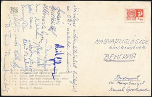 A Szovjetunióban rendezett ORT vízilabda tornáról hazaküldött képeslap a játékosok aláírásával