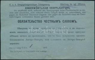 1917 Zalaegerszeg-Tábor, Nyomtatvány tisztek számára német és orosz nyelven arról, hogy nem kísérelnek meg szökést, kitöltetlen