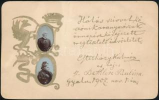 1907 Gyalu, Gróf Esterházy Kálmán és felesége, Bethlen Paulina dekoratív fényképes aranylakodalmi köszönő kártyája