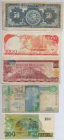 5db-os vegyes külföldi bankjegy tétel, benne Peru, Brazília, Costa Rica, Mexikó és Seychelle-szigete...