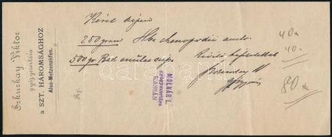 cca 1900 Alsó-Metzenzéf, Szkurkay Viktor gyógyszertárész alapanyag kérő sorai saját receptpapírján egy kassai gyógyszertárhoz