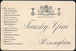 cca 1890 Pozsony, Tausky ruhanemű kereskedő dekoratív kartonkártyája megrendelési adatokkal a hátoldalán