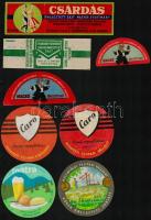 cca 1947-1970 16 db magyar sajtcímke, köztük Mackó, Csárdás, Hóvirág, Puszta, különböző méretben