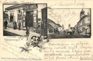 Zalaegerszeg, utcakép, Fülöp János könyvárus és könyvkötő üzlete és saját kiadása. floral Art Nouveau (EK)