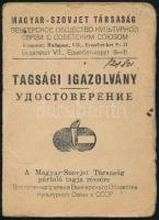 1949 Bp., A Magyar-Szovjet Társaság tagsági igazolványa, tagdíjbélyegekkel, hátoldalán 1 Ft-os téglajeggyel