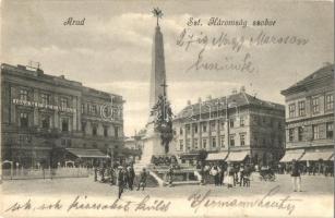 Arad, Szentháromság szobor, 1848-1849 Múzeum, Neumann M. üzlete, Nagy Lajos szállodája a Fehér Kereszthez / Trinity statue, museum, shops, hotel