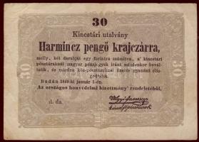 1849. 30kr "Kossuth bankó" előlap enyhén ferdén nyomva T:II
