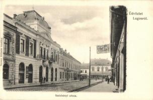 Lugos, Lugoj; Széchenyi utca, Népbank, Dillinger F. üzlete / street view, bank, shops