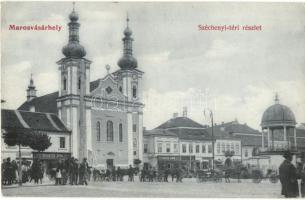 Marosvásárhely, Targu Mures; Széchenyi tér, Schuster Ödön, Lukács János, Petelei János üzletei, gyógyszertár. Révész Béla kiadása / square, shops, pharmacy (EK)