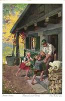 5 db RÉGI Grimm testvérek mesés művészlap; Jancsi és Juliska, A kis kondás. Otto Knubel és O. Herrfu...