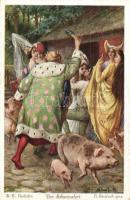 5 db RÉGI Grimm testvérek mesés művészlap; Jancsi és Juliska, A kis kondás. Otto Knubel és O. Herrfu...