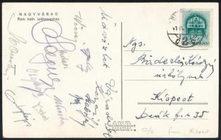 1941 A Kispest labdarúgó csapat tagjai által aláírt képeslap. Wécsey, Hidasi, Titkos, Olajkár II, Odry Lajos, Zalay, Lugosi, stb