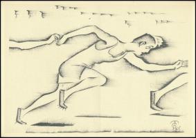 Molnár C. Pál (1894-1981): Futóverseny, ofszet, papír, jelzett az ofszeten, 21×30 cm