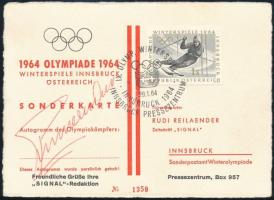 1964 Innsbruck téli olimpia alkalmi levelezőlap osztrák síelő aláírásával / Autograph signed postcard.