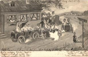 Weg nacht Storchheim / babies montage postcard with automobiles  (EK)
