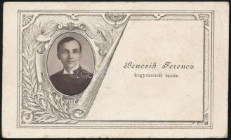 1892 Benczik Ferenc, tatai kegyesrendi tanár névjegykártyája, hátoldalon saját kezű soraival és aláírásával