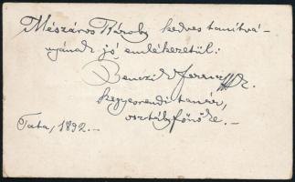 1892 Benczik Ferenc, tatai kegyesrendi tanár névjegykártyája, hátoldalon saját kezű soraival és aláí...