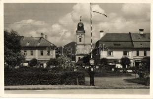 Nagybánya, Baia Mare; Fő tér, Országzászló, üzletek / main square, Hungarian flag, shops