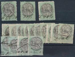 1868 36 db 3kr okmánybélyeg klf fogazatokkal, lemezhibákkal és elfogazással