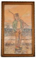 Sz jelzéssel: Pipázó tengerész. Színes ceruza, papír, üvegezett keretben, 51×28 cm