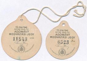 1942. 1P + 5P "Vöröskeresztes gyűjtőnapok - Adomány megváltási jegy" sorszámozottak, egyik...