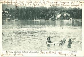 Szováta, Sovata; Statiune Balneo-Climaterica, Lacul Ursu / Medve-tó, heliotermikus fürdő / lake, heliothermal spa, bathing people (EK)