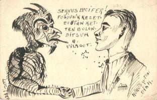 1916 Lucifer és egy Körös utcai diák. Kézzel rajzolt saját készítésű képeslap / Krampus with a student. Hand-drawn custom-made art postcard