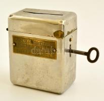 cca 1930-1940 Phönix Biztosító Társaság zárható fém perselye, kulccsal / Metal money box, 10x8x5cm