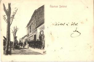 1899 Detta, Deta; utcakép katonákkal, Ferdinand üzlete / street view with marching soldiers, shops (fl)