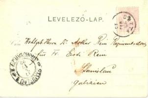 1899 Detta, Deta; utcakép katonákkal, Ferdinand üzlete / street view with marching soldiers, shops (...