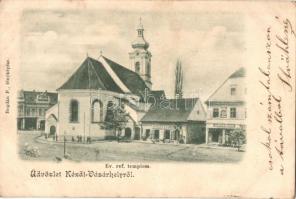 Kézdivásárhely, Targu Secuiesc; utcakép a református templommal, Jancsó F. Lajos és Jancsó Mózes üzlete / street view with the Calvinist church and shops (EK)