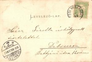 Kézdivásárhely, Targu Secuiesc; utcakép a református templommal, Jancsó F. Lajos és Jancsó Mózes üzl...