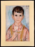 Kliené Róna Klára (1901-1987): Kisfiú virággal, pasztell, papír, jelzett, paszpartuban, 46×30 cm